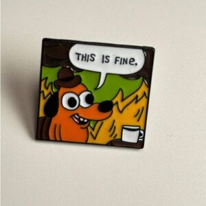 Women’s Jewelry Orange Dog with hat, anx “This Is Fine” by a Fire Enamel Pin